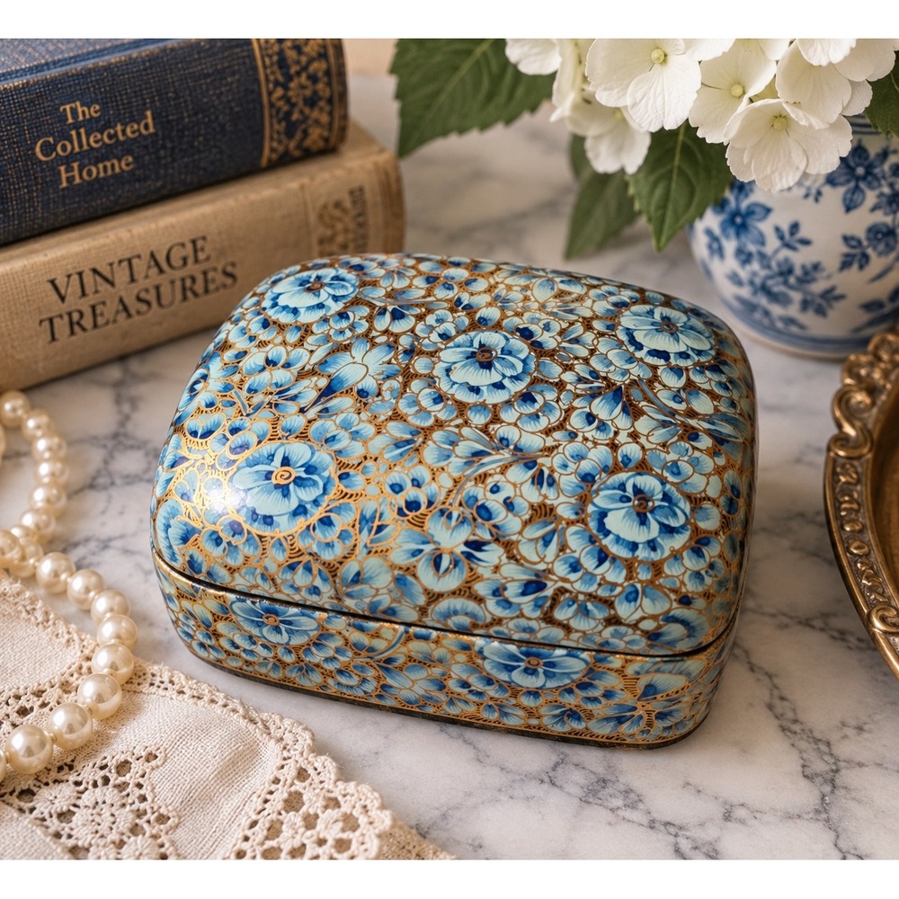 Vintage Hand Painted Papier Mache Trinket Box Blue Gold Floral Lacquer Persian